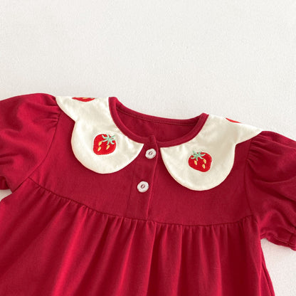 【BABY】夏新作 いちご刺繍パフスリーブロンパースSK092203