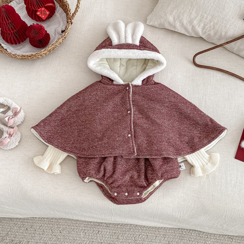 【BABY】冬新作ハート刺繍あったかロンパース、うさ耳あったかケープSK103113