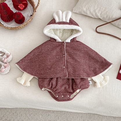 【BABY】冬新作ハート刺繍あったかロンパース、うさ耳あったかケープSK103113