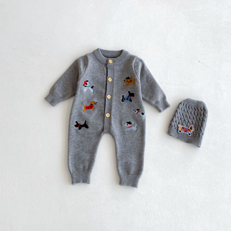 【BABY】ワンちゃん刺繍ニットカバーオール＆帽子SK092505
