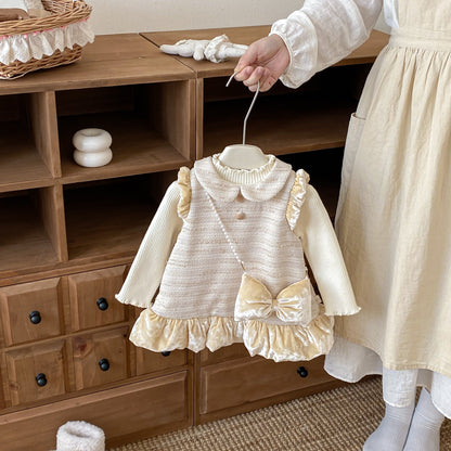 【BABY&KID】冬新作ツイード風お姫様ワンピース＆リボンアクセSK102733