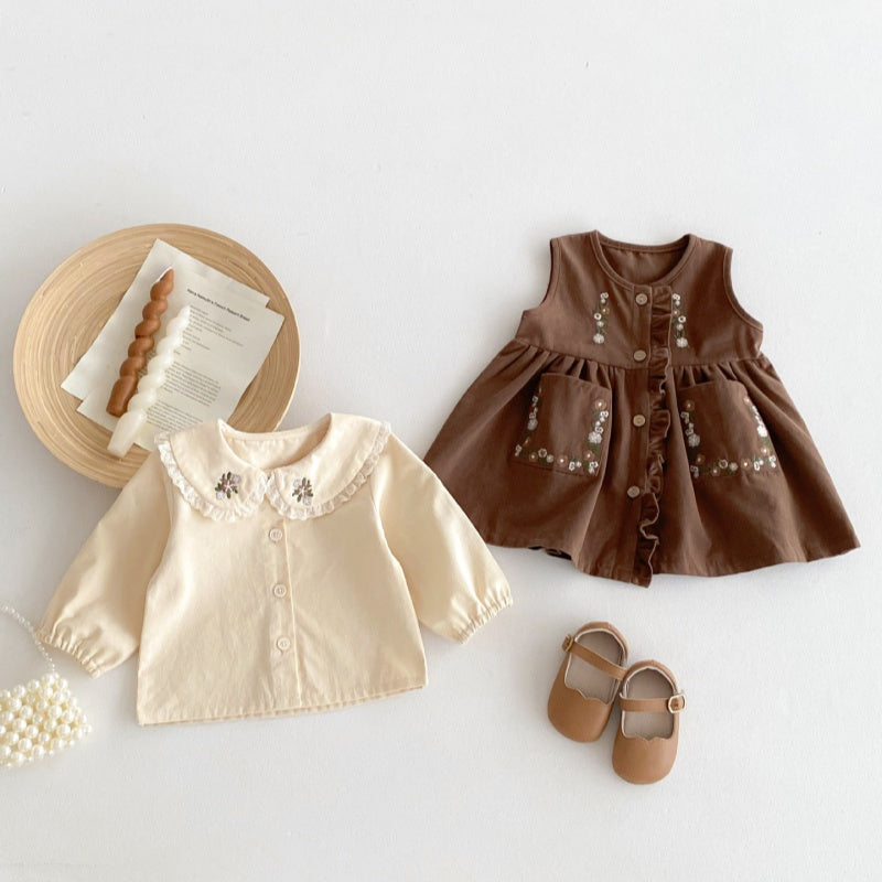 【BABY&KID】花刺しゅう入り丸襟トップス、ノースリーブワンピースSK050807