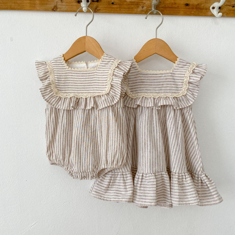 【姉妹服】夏新作 ストライプフリルロンパース、ワンピースSK072318