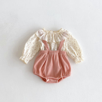 【BABY】フリルカラー花柄トップス＆サロペットロンパースSK102417