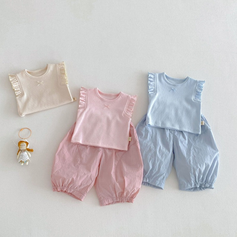 【BABY&KID】夏新作無地フリルスリーブタンクトップ、パンツSK104623