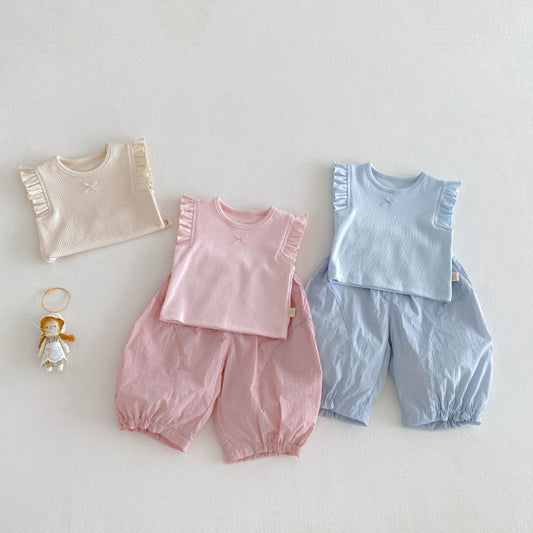 【BABY&KID】夏新作無地フリルスリーブタンクトップ、パンツSK104623