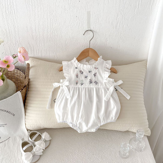 【BABY】夏新作 花柄刺繍サイドリボン ロンパースSK062305