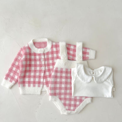 【BABY】チェックサロペットロンパース、カーディガンSK101535