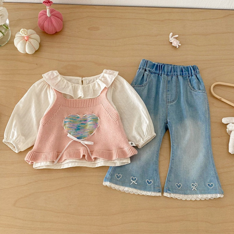 【BABY】ハートニットベスト＆フリルシャツ、ハート刺繍デニムSK103713