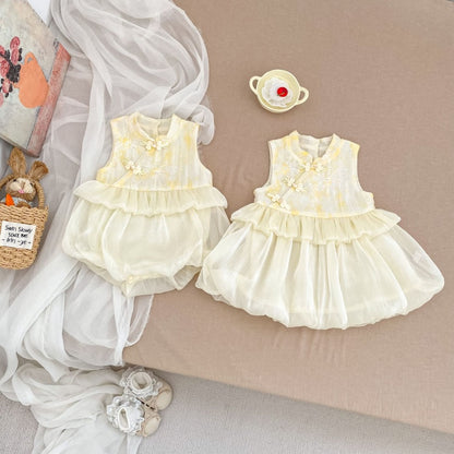 【BABY&KID】夏新作チャイナボタンチュールバルーンロンパース、ワンピースSK106407