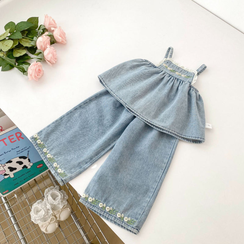 【BABY&KID】夏新作 フラワー刺繍デニムセットアップSK081531