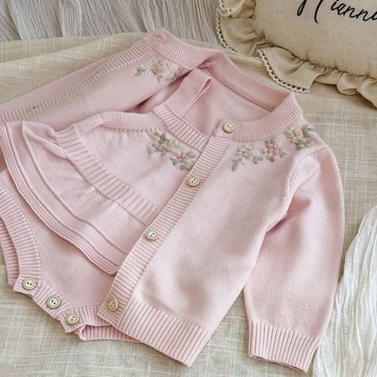 【BABY】フリル刺繍ニットロンパース、ニットカーディガンSK106917