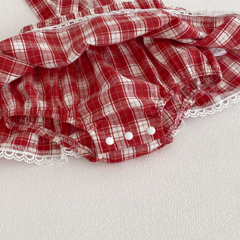 【BABY】チェックサロペットロンパース＆うさぎ刺繍SK103618