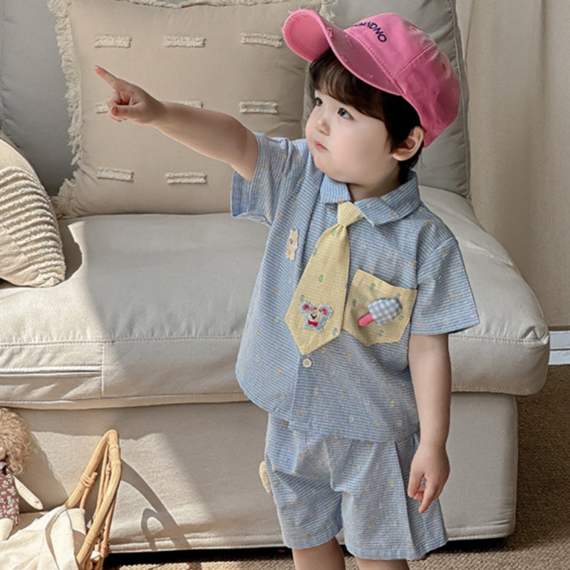【BABY】夏新作 チェック柄わんこ刺繍セットアップSK090621