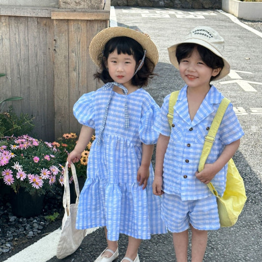 【BABY&KID】夏新作 ブルーチェックセットアップ、ワンピースSK072110