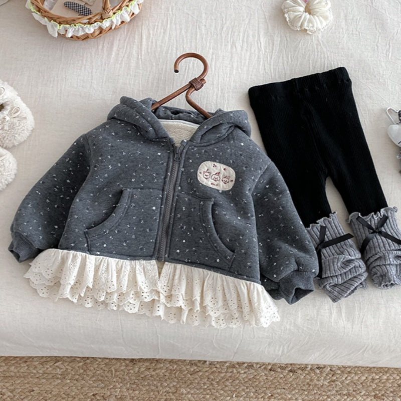 【BABY】冬新作花柄レースフード付き裏起毛アウターSK102721