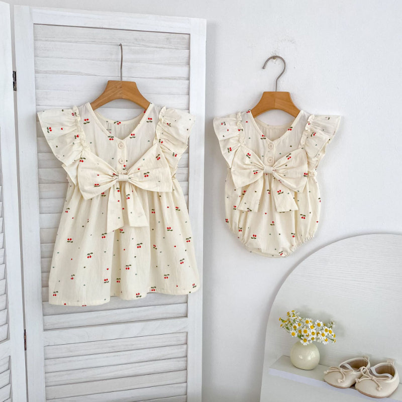 【姉妹服】夏新作 さくらんぼ柄ビッグリボンロンパース、ワンピースSK072321