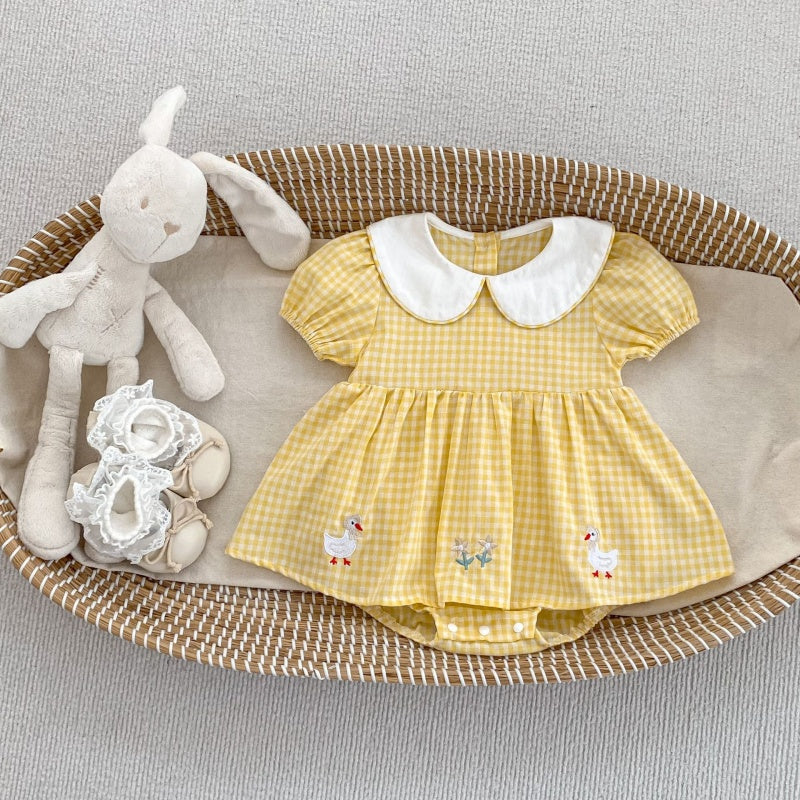 【BABY】夏新作 チェックあひる刺繍ロンパースSK104907