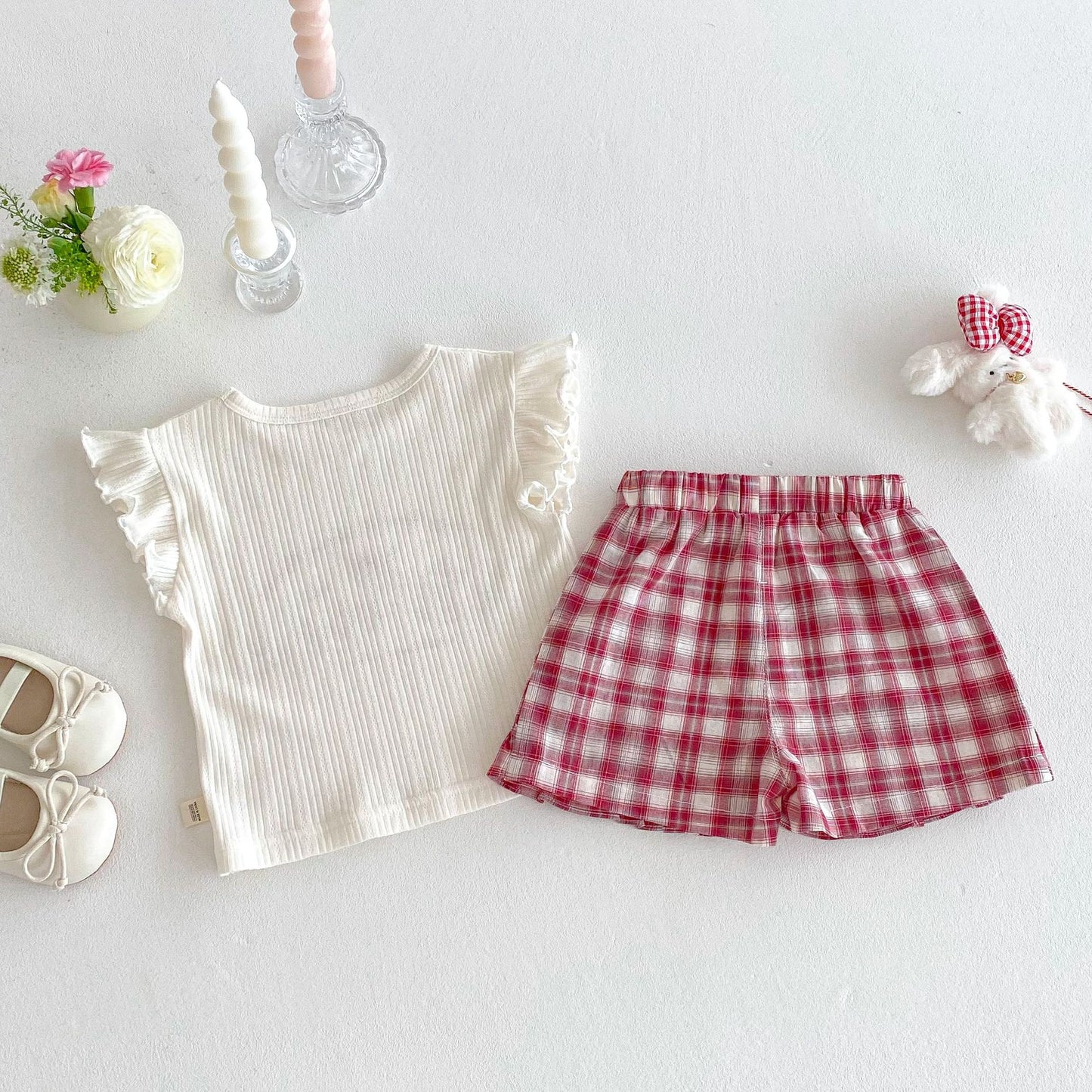 【BABY&KID】夏新作 うさぎプリントトップス、チェックショートパンツSKO71218