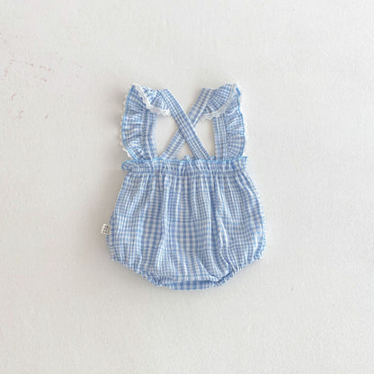 【BABY】夏新作 フリル袖チェックサロペットロンパースSK091924