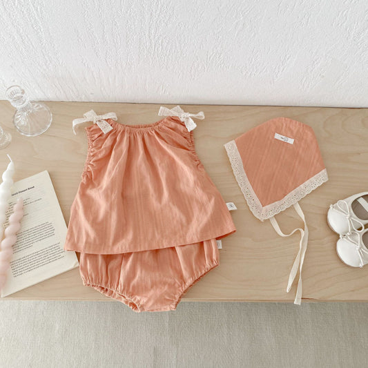 【BABY】夏新作 蝶ネクタイキャミソールトップス＆ショートパンツ＆ヘッドスカーフの3点SK071903