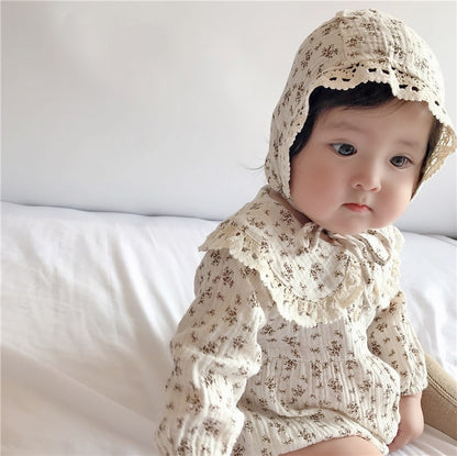 【BABY】 レース付け折り襟小花柄帽子付き長袖ロンパースSK062001