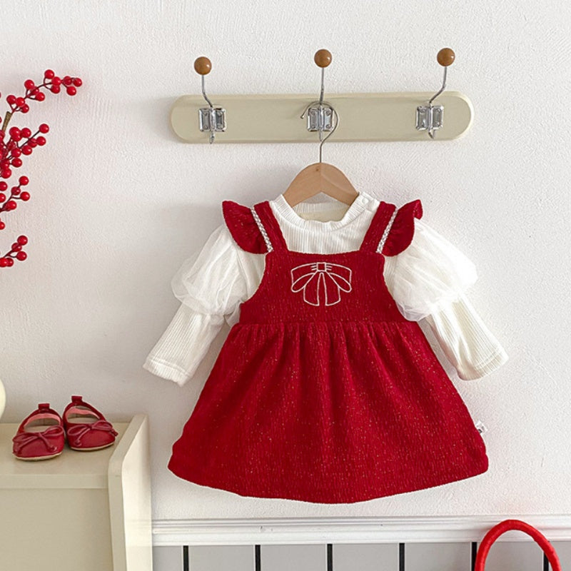 【BABY】冬新作蝶結び刺繍あったかロンパース、ワンピースSK103114