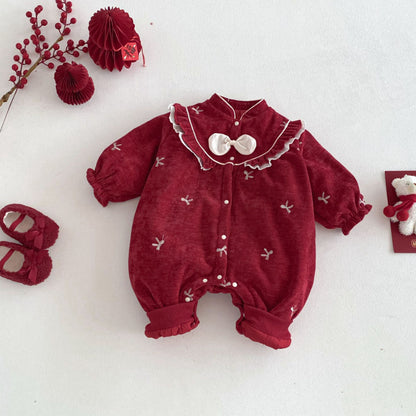 【BABY】冬新作蝶結び刺繍あったかカバーオールSK103001