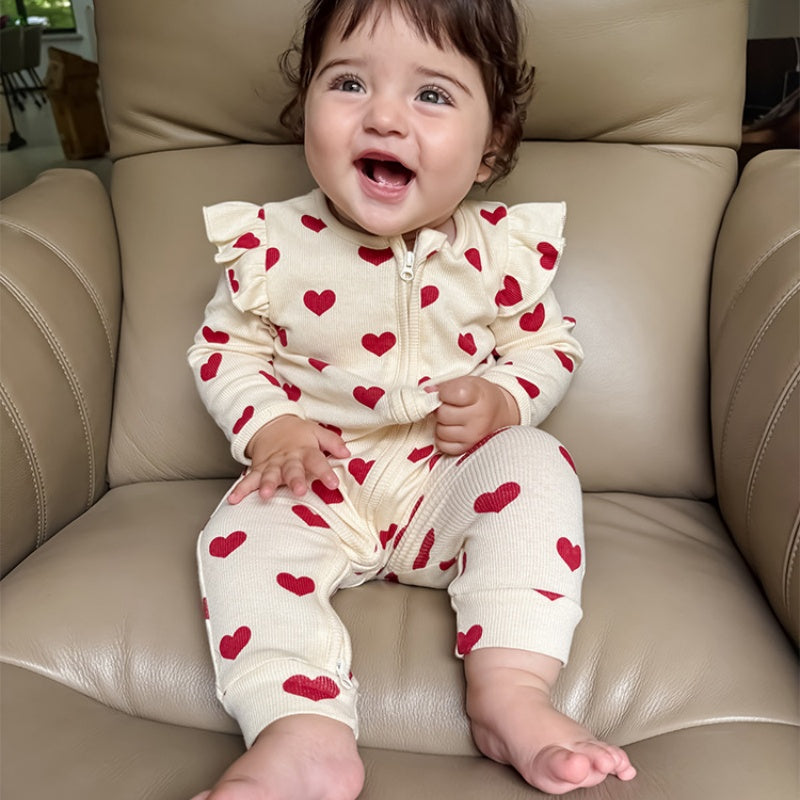 【BABY】北欧風ハート、蝶結びフリル袖カバーオールSK101319