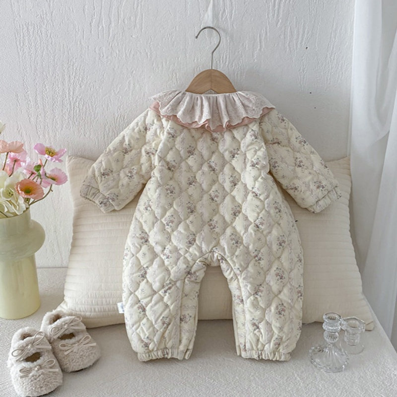 【BABY】冬新作花柄フリル襟キルティング裏起毛カバーオールSK102717