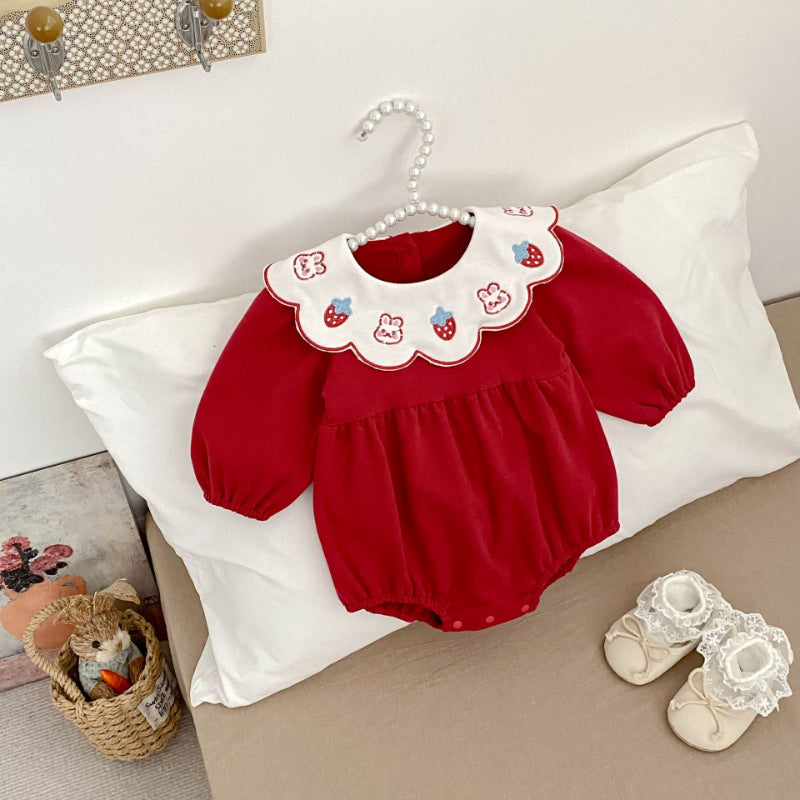 【BABY】イチゴ小兔刺繍襟ロンパースSK092813