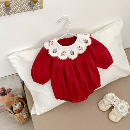 【BABY】イチゴ小兔刺繍襟ロンパースSK092813