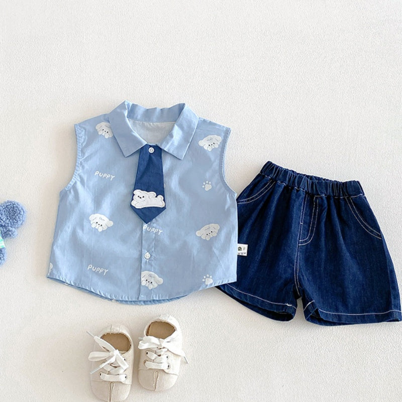 【BABY】夏新作いぬ刺繍ネクタイシャツ、デニムショートパンツSK104806