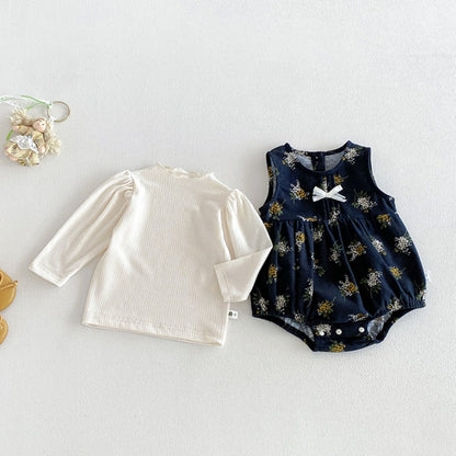 【BABY】小花柄ロンパース＆無地ニットトップスSK106802
