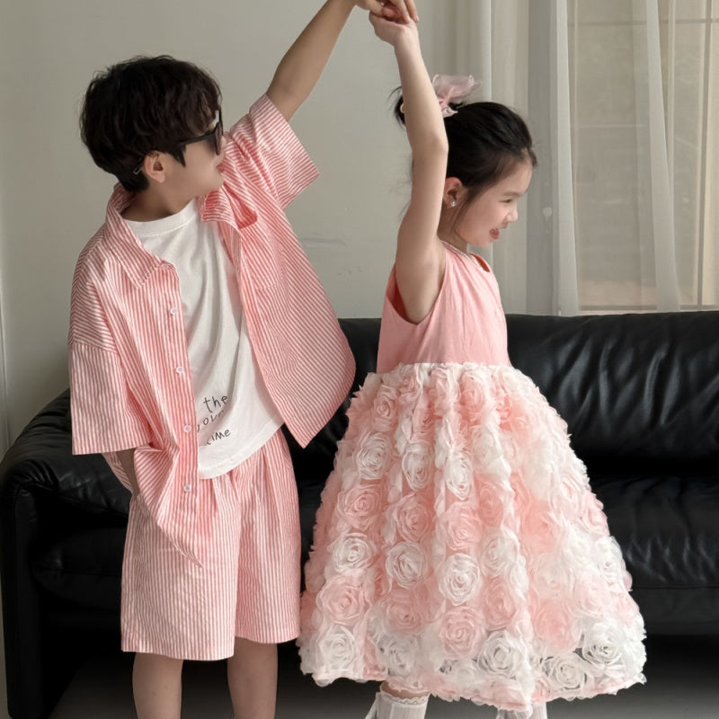 【BABY&KID】夏新作 ボーダーセットアップ、立体フラワーワンピースSK080520