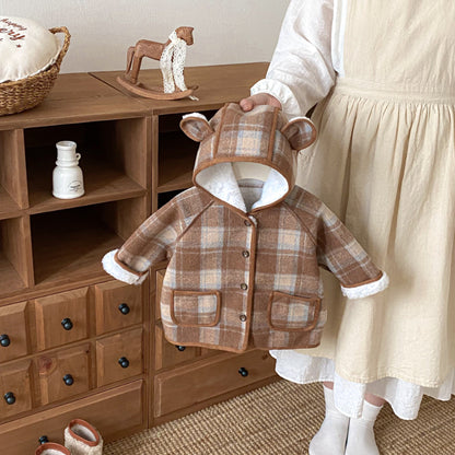 【BABY&KID】冬新作チェック柄フード付きモコモコアウターSK102523