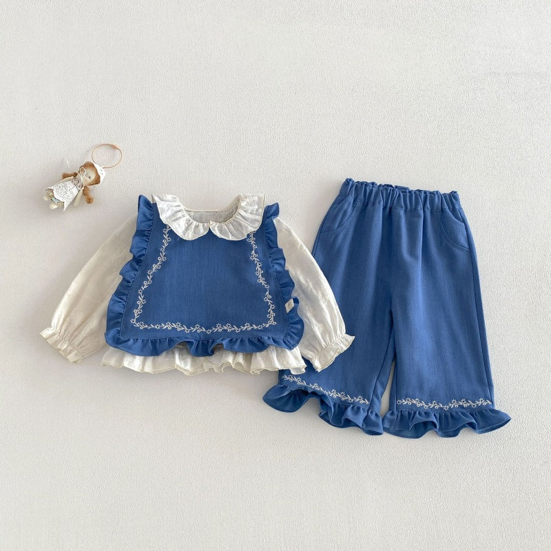 【BABY&KID】刺繍パフスリーブシャツ、刺繍ベスト、デニムパンツSK104122