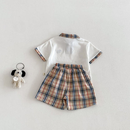 【BABY&KID】夏新作韓国風刺繍ロゴ半袖Tシャツ、チェックショートパンツSK105023