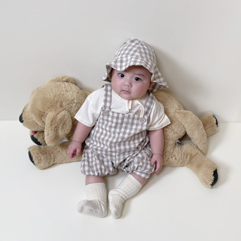 【BABY】夏新作 チェックorドットサロペットロンパース＆ライオンプリントTシャツ＆帽子3点セットSK010207