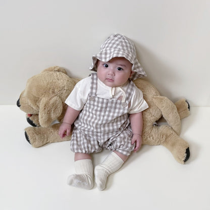 【BABY】夏新作 チェックorドットサロペットロンパース＆ライオンプリントTシャツ＆帽子3点セットSK010207