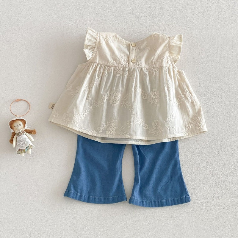 【BABY&KID】夏新作 ジャカードフリルスリーブブラウス、刺繍デニムパンツSK105215