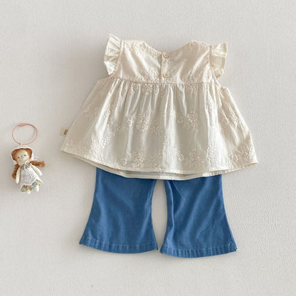 【BABY&KID】夏新作 ジャカードフリルスリーブブラウス、刺繍デニムパンツSK105215