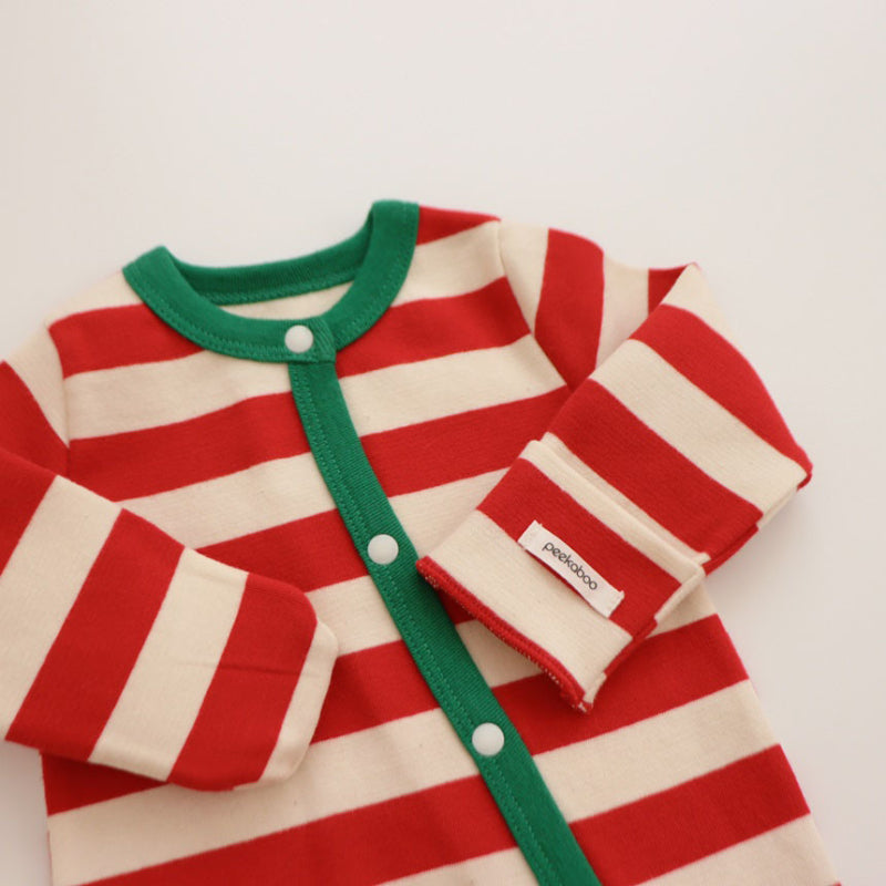 【BABY】ボーダークリスマス風カバーオール＆帽子セットSK102810