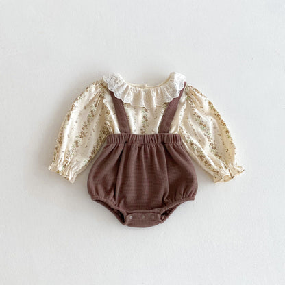 【BABY】フリルカラー花柄トップス＆サロペットロンパースSK102417
