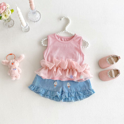 【BABY&KID】夏新作 スイートノースリーブトップス、デニムパンツSK080616