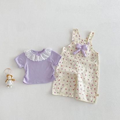 【BABY&KID】夏新作蝶結び総柄サロペット、レース襟TシャツSK104823