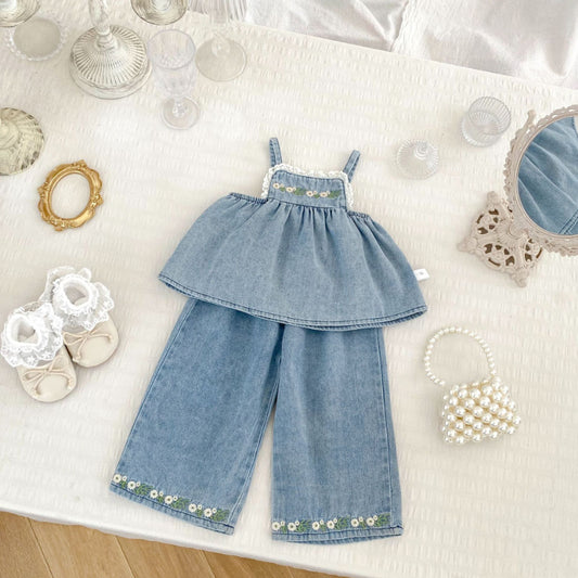 【BABY&KID】夏新作 フラワー刺繍デニムセットアップSK081531