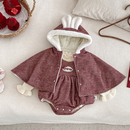 【BABY】冬新作ハート刺繍あったかロンパース、うさ耳あったかケープSK103113