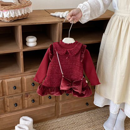 【BABY&KID】冬新作ツイード風お姫様ワンピース＆リボンアクセSK102733