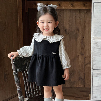 【BABY】韓国風蝶結び刺繍ワンピース、丸襟ボーダートップスSK104024